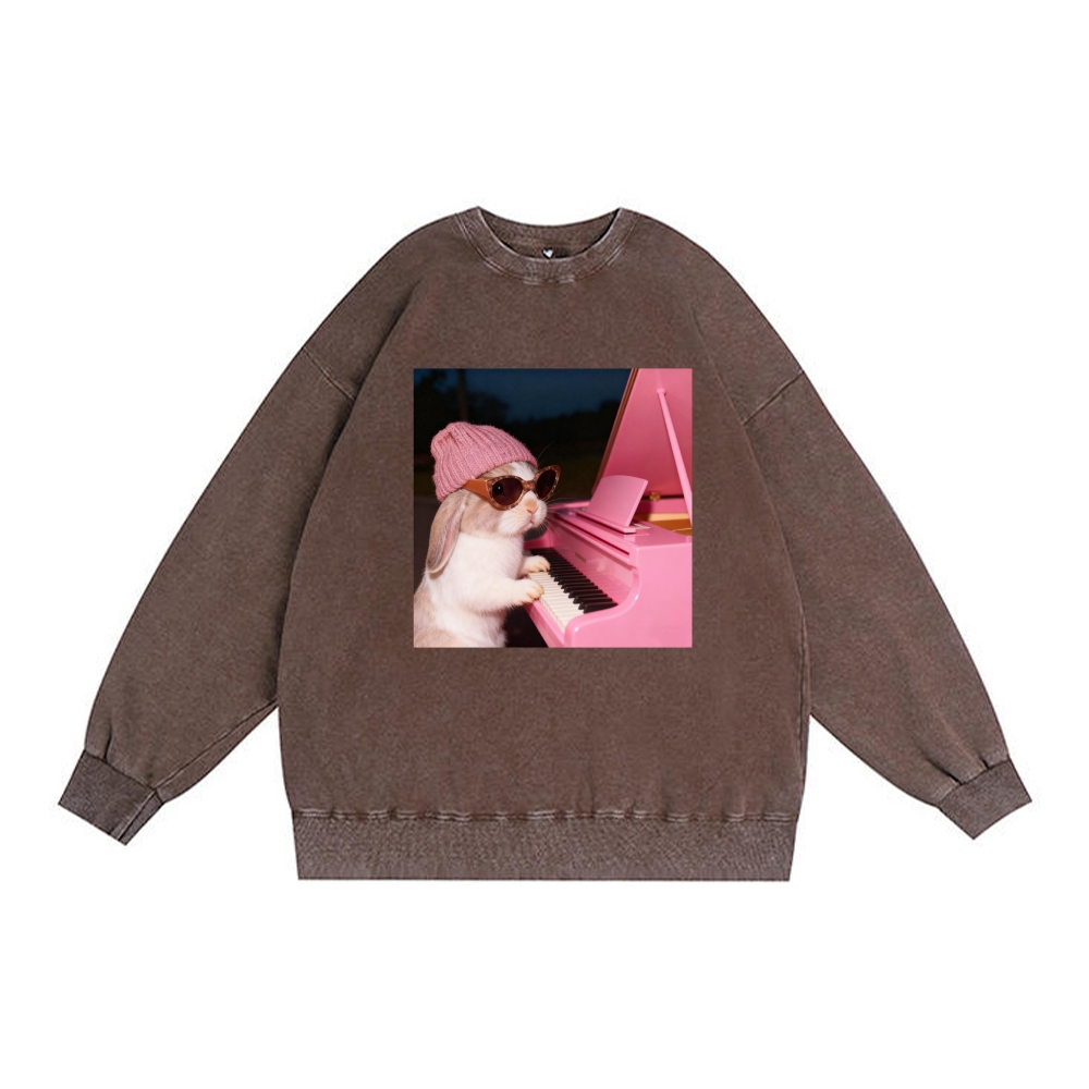 Bunny The Piano Rabbit Retro Premium Washed Cotton Crewneck Sweatshirt