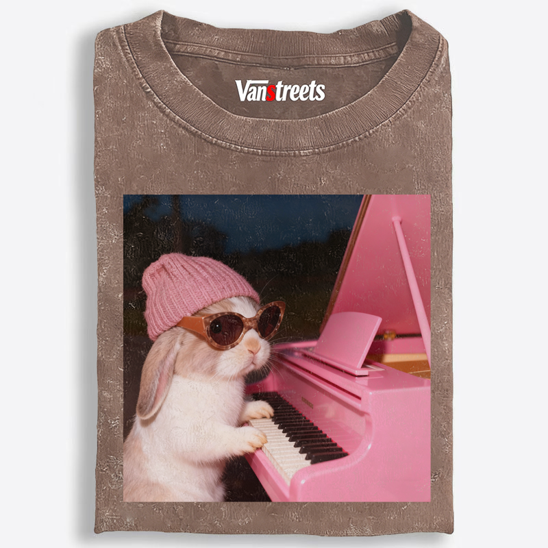 Bunny The Piano Rabbit Retro Washed T-Shirt | 100% Cotton | Streetwear Essential