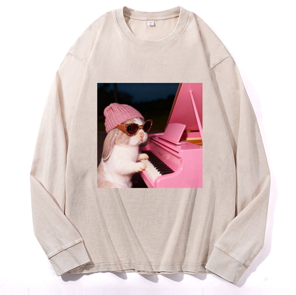 Bunny The Piano Rabbit Retro Washed Long Sleeve T-Shirt