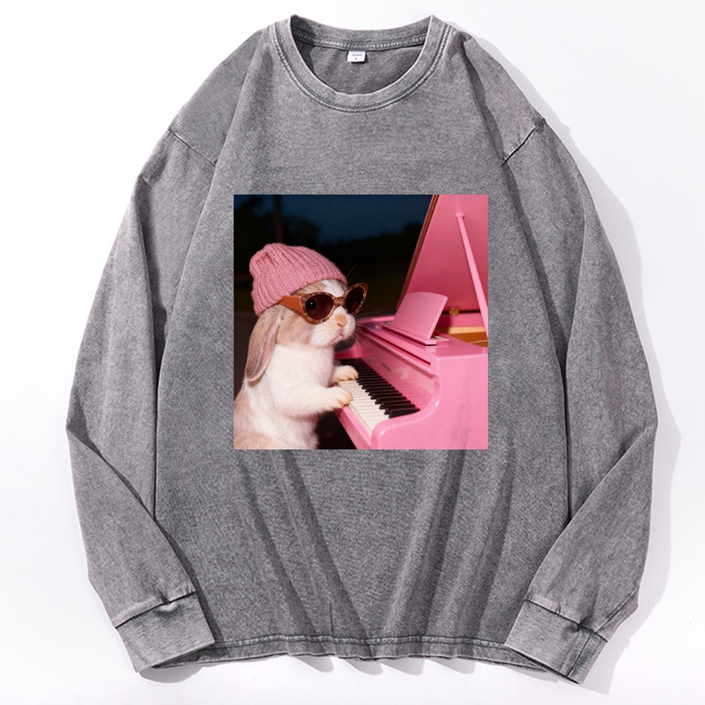Bunny The Piano Rabbit Retro Washed Long Sleeve T-Shirt
