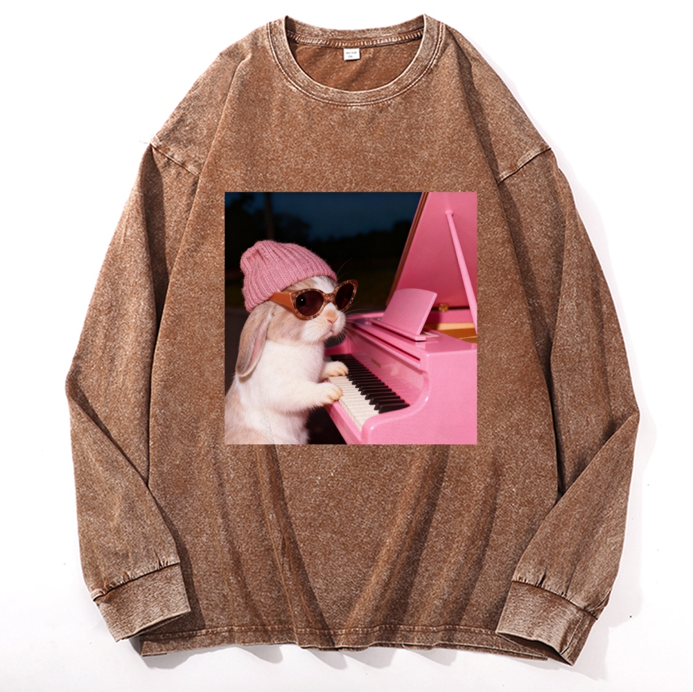 Bunny The Piano Rabbit Retro Washed Long Sleeve T-Shirt