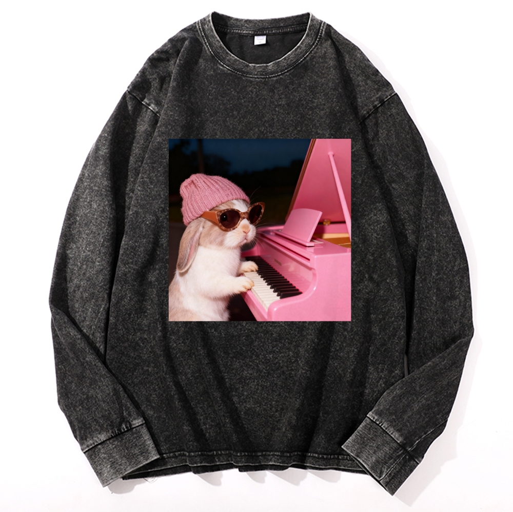 Bunny The Piano Rabbit Retro Washed Long Sleeve T-Shirt