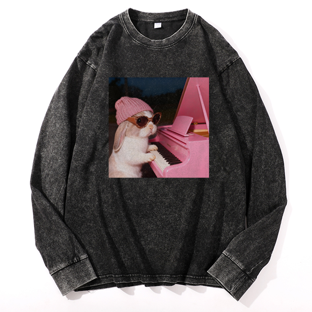 Bunny The Piano Rabbit Retro Washed Long Sleeve T-Shirt