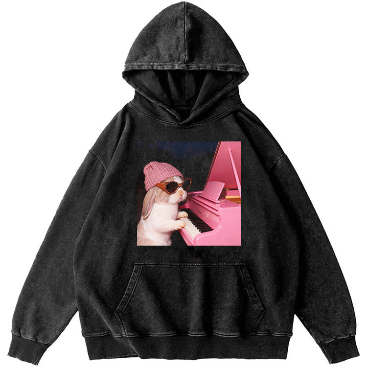 Pink Piano Rabbit Retro Washed Hoodide | 100% Cotton | Streetwear Essential
