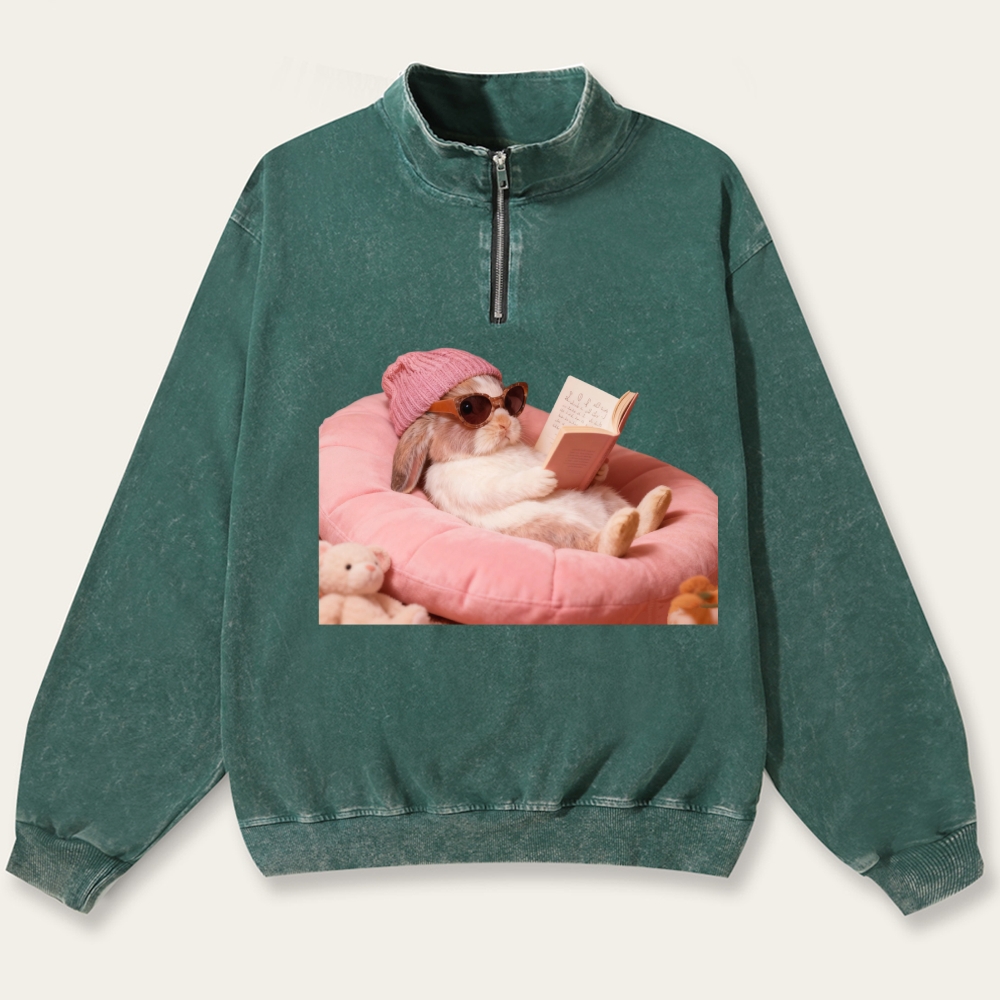 Bunny Bookish Rabbit Retro Washed Zip-Up Mock Neck Sweatshirt