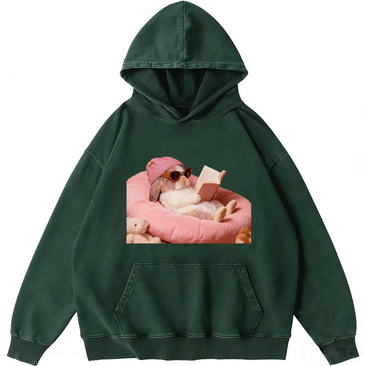 Cozy Reading Rabbit Retro Washed Hoodide | 100% Cotton | Streetwear Essential
