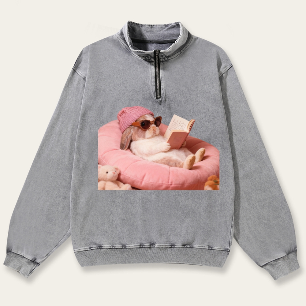 Bunny Bookish Rabbit Retro Washed Zip-Up Mock Neck Sweatshirt