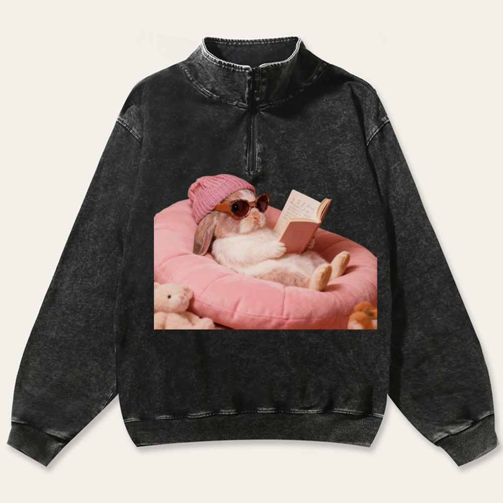 Bunny Bookish Rabbit Retro Washed Zip-Up Mock Neck Sweatshirt