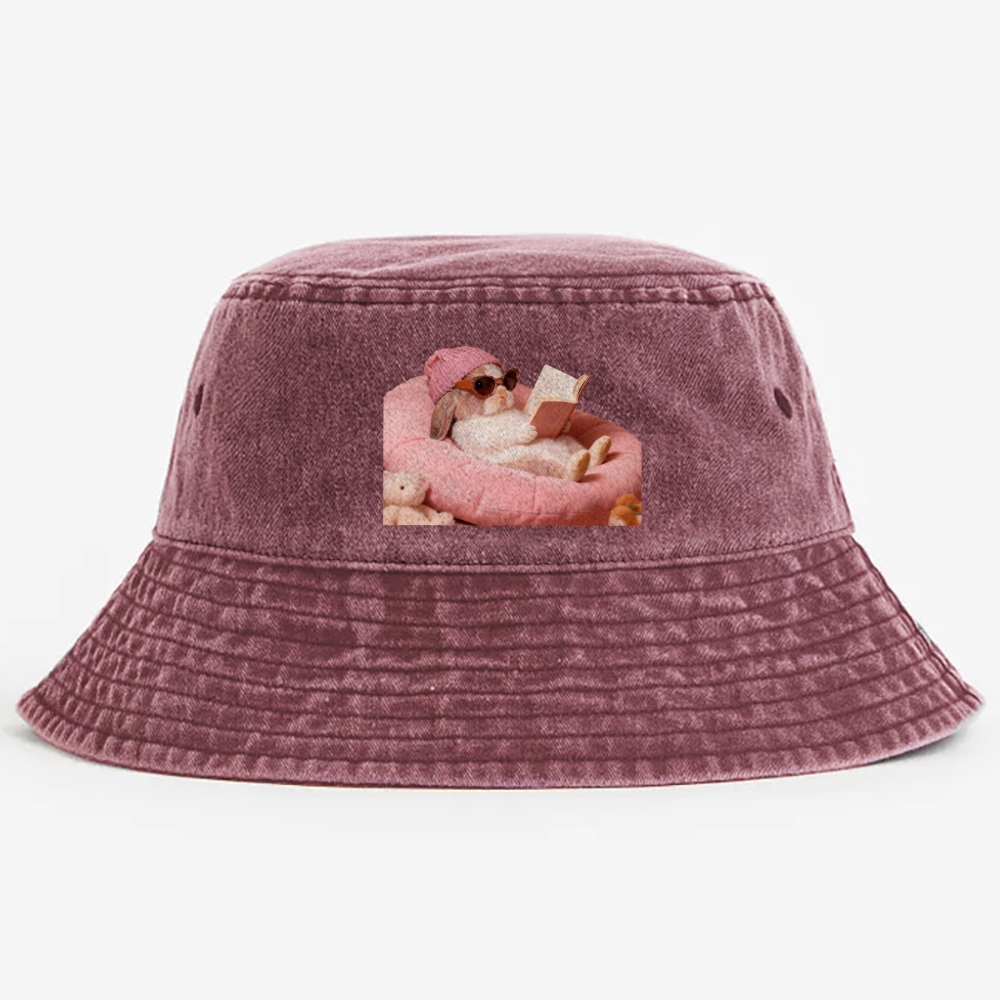 Bunny Bookish Rabbit Retro Vintage Washed Bucket Hat