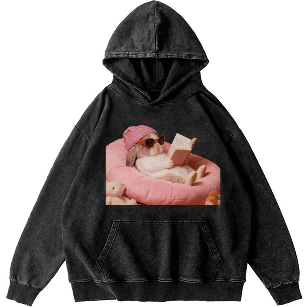 Bunny Bookish Rabbit Retro Washed Hoodie