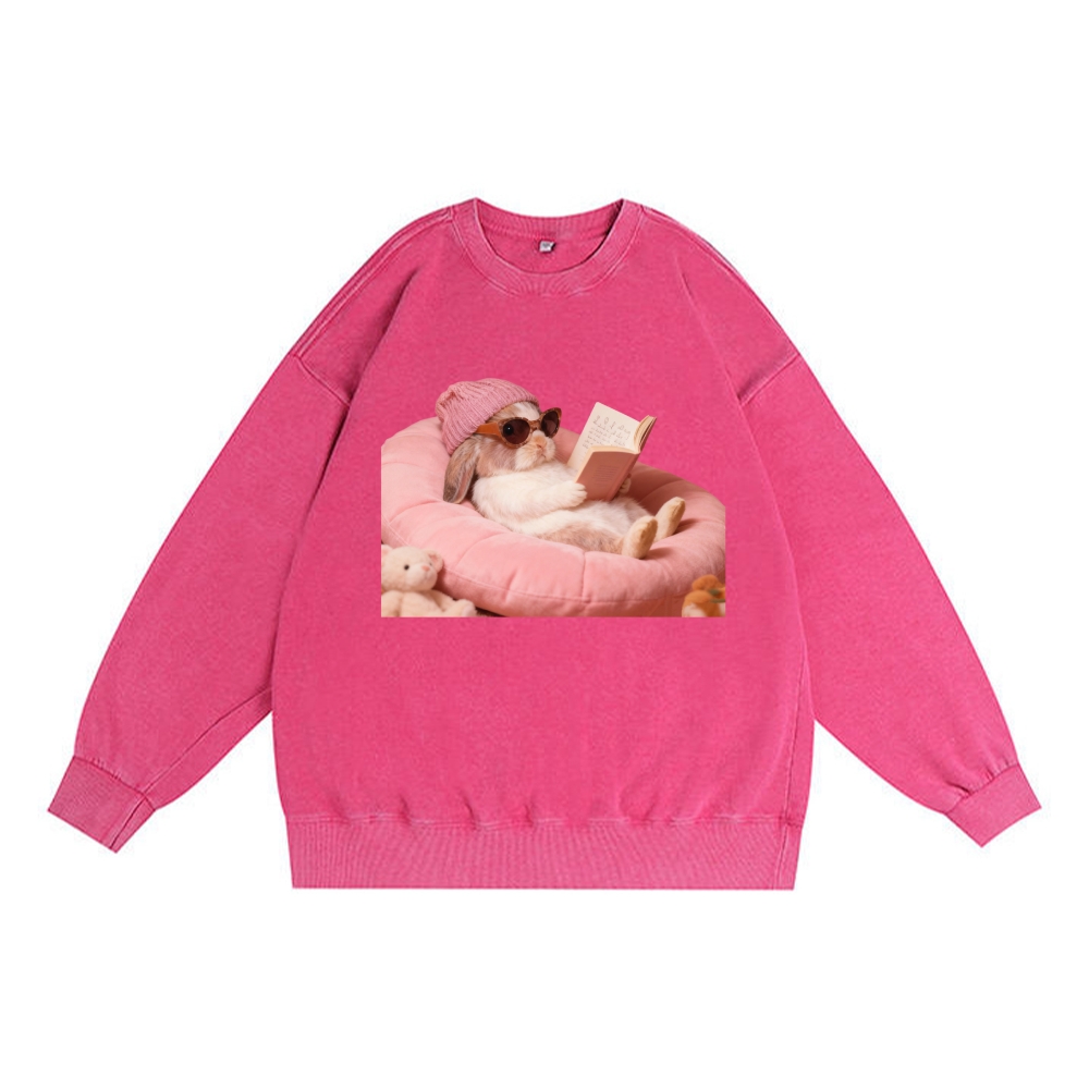 Bunny Bookish Rabbit Retro Premium Washed Cotton Crewneck Sweatshirt