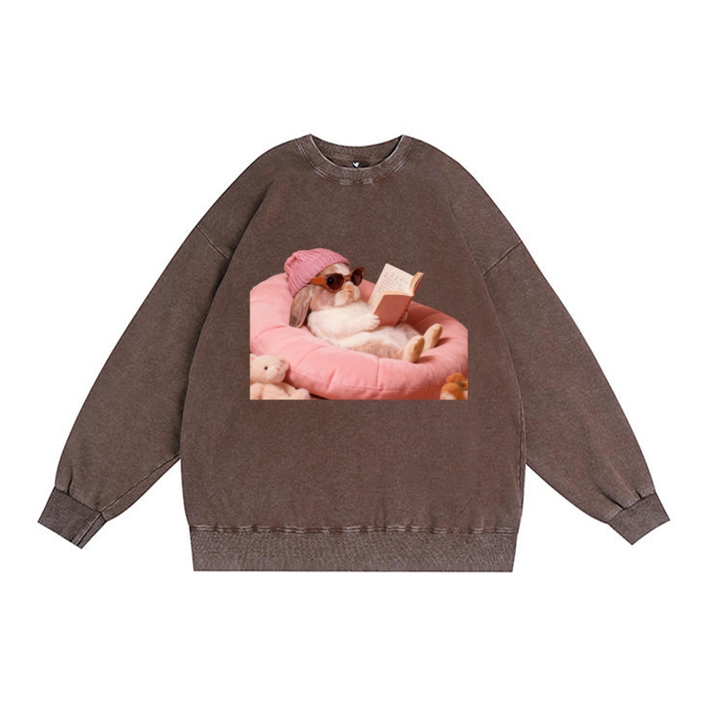 Bunny Bookish Rabbit Retro Premium Washed Cotton Crewneck Sweatshirt