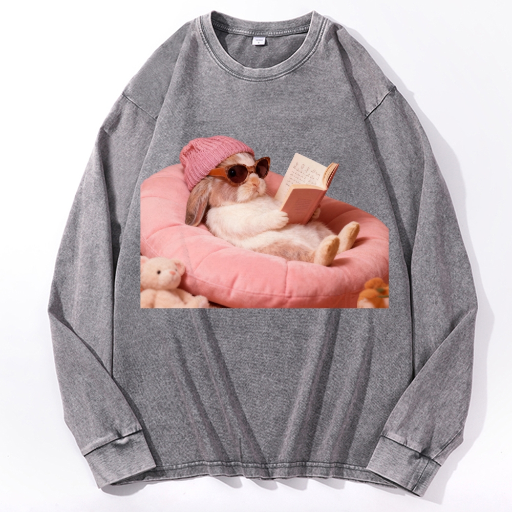 Bunny Bookish Rabbit Retro Washed Long Sleeve T-Shirt