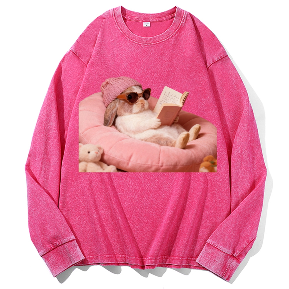 Bunny Bookish Rabbit Retro Washed Long Sleeve T-Shirt