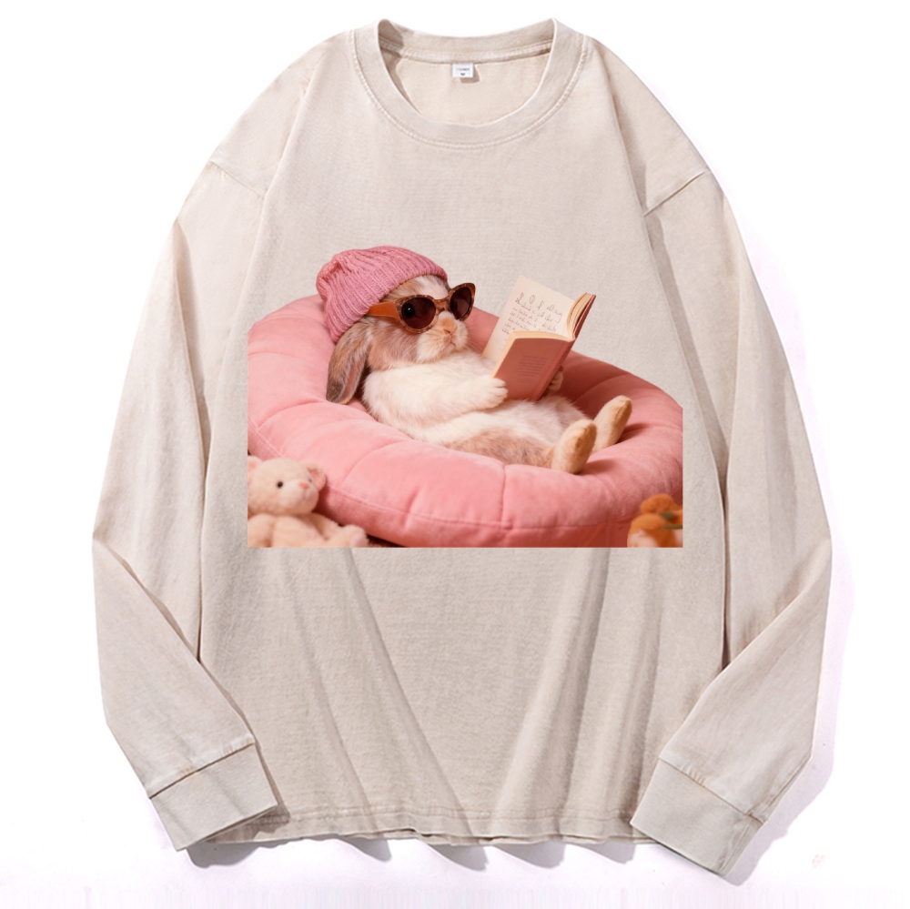 Bunny Bookish Rabbit Retro Washed Long Sleeve T-Shirt