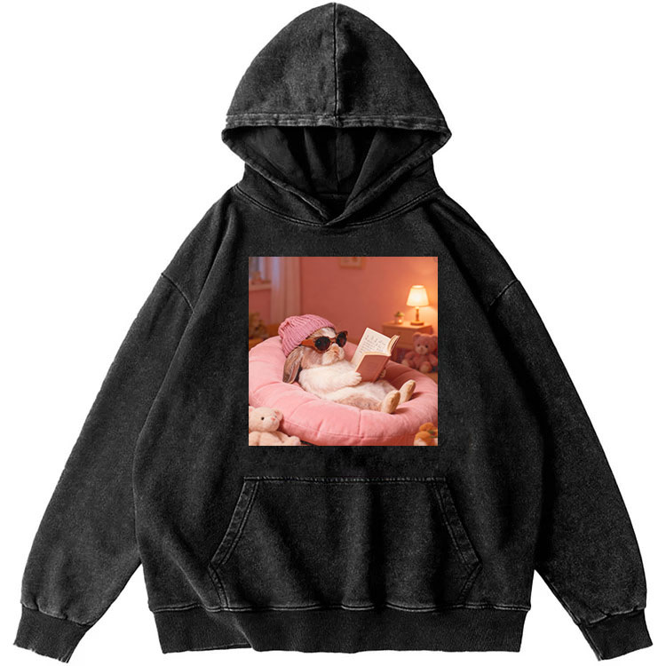 Cozy Reading Rabbit Retro Washed Hoodide | 100% Cotton | Streetwear Essential