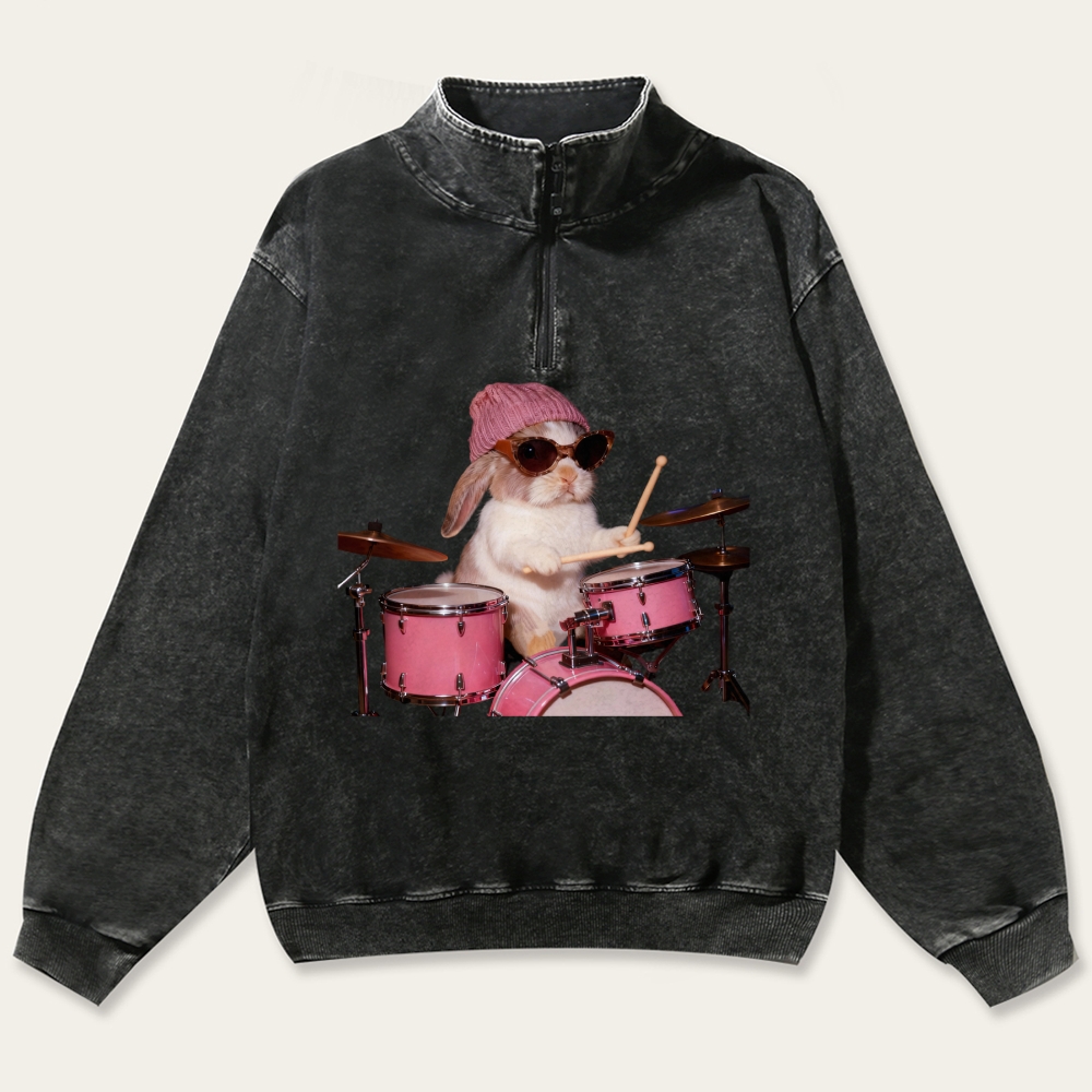 Bunny Rockin' Bunny Retro Washed Zip-Up Mock Neck Sweatshirt