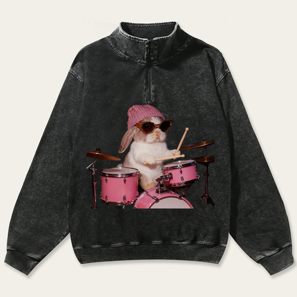 Bunny Rockin' Bunny Retro Washed Zip-Up Mock Neck Sweatshirt