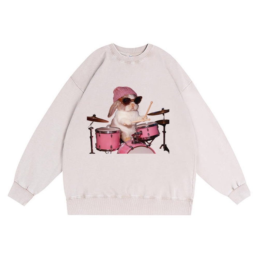 Bunny Rockin' Bunny Retro Premium Washed Cotton Crewneck Sweatshirt