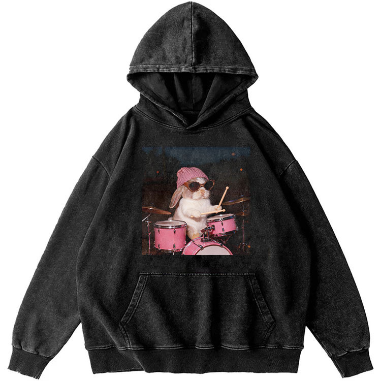 Drummer Rabbit Rock  Retro Washed Hoodide | 100% Cotton | Streetwear Essential