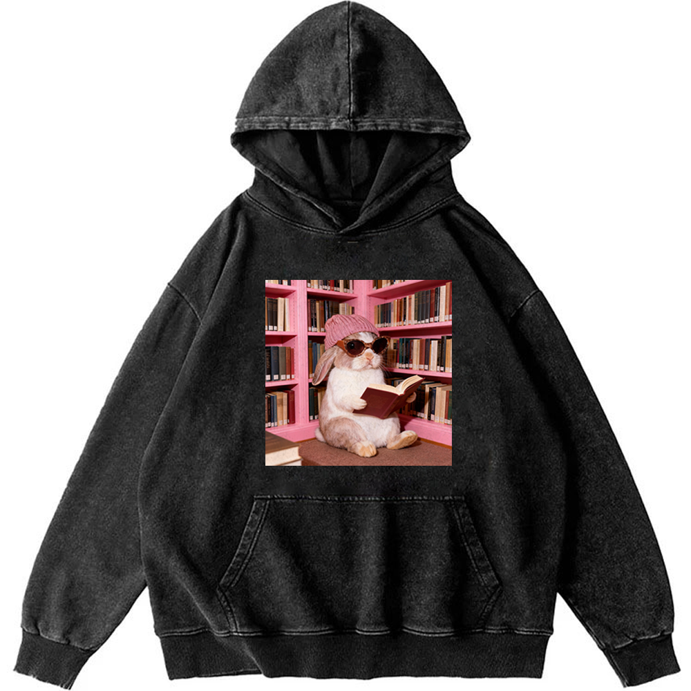 Bunny Bookish Rabbit Retro Washed Hoodie