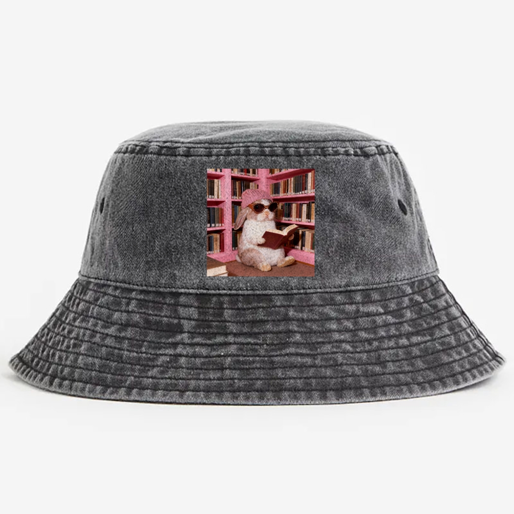 Bunny Bookish Rabbit Retro Vintage Washed Bucket Hat