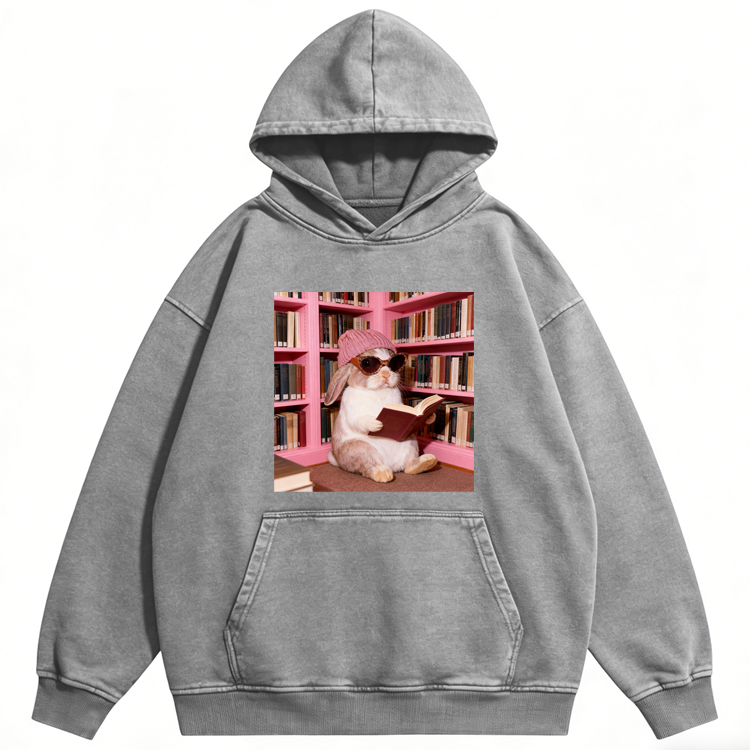 Bunny Bookish Rabbit Retro Washed Hoodide | 100% Cotton | Streetwear Essential