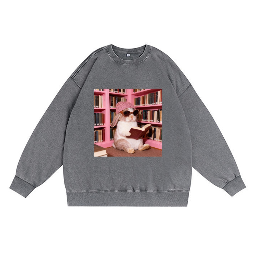Bunny Bookish Rabbit Retro Washed Cotton Crewneck Sweatshirt