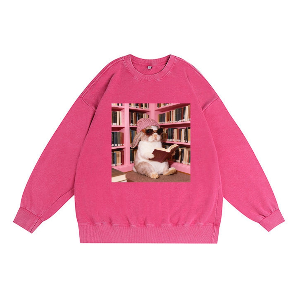 Bunny Bookish Rabbit Retro Washed Cotton Crewneck Sweatshirt