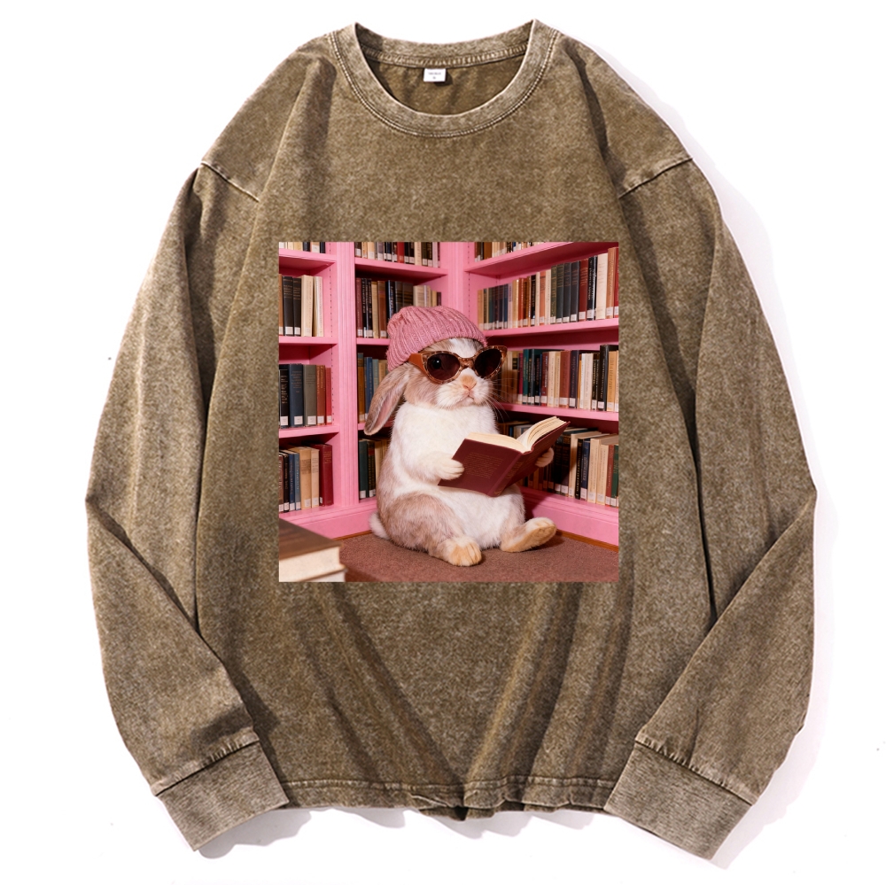 Bunny Bookish Rabbit Retro Washed Long Sleeve T-Shirt
