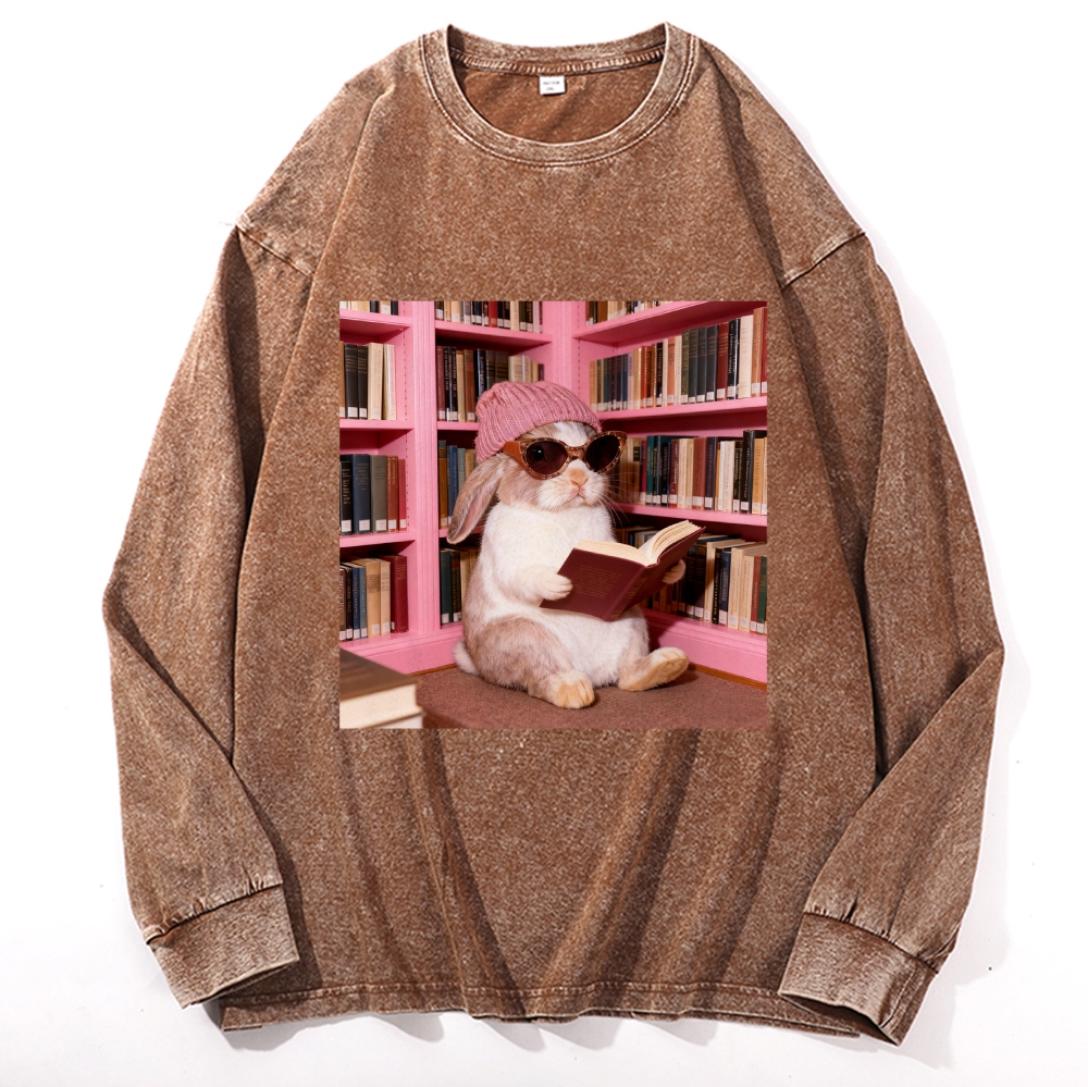Bunny Bookish Rabbit Retro Washed Long Sleeve T-Shirt