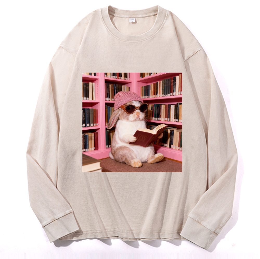Bunny Bookish Rabbit Retro Washed Long Sleeve T-Shirt