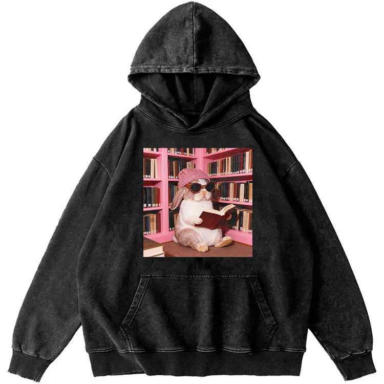 Library Scholar Rabbit Retro Washed Hoodide | 100% Cotton | Streetwear Essential