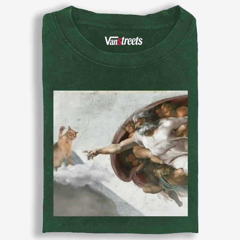 Cat Parody of "The Creation of Adam" Art Retro Washed T-Shirt | 100% Cotton | Streetwear Essential