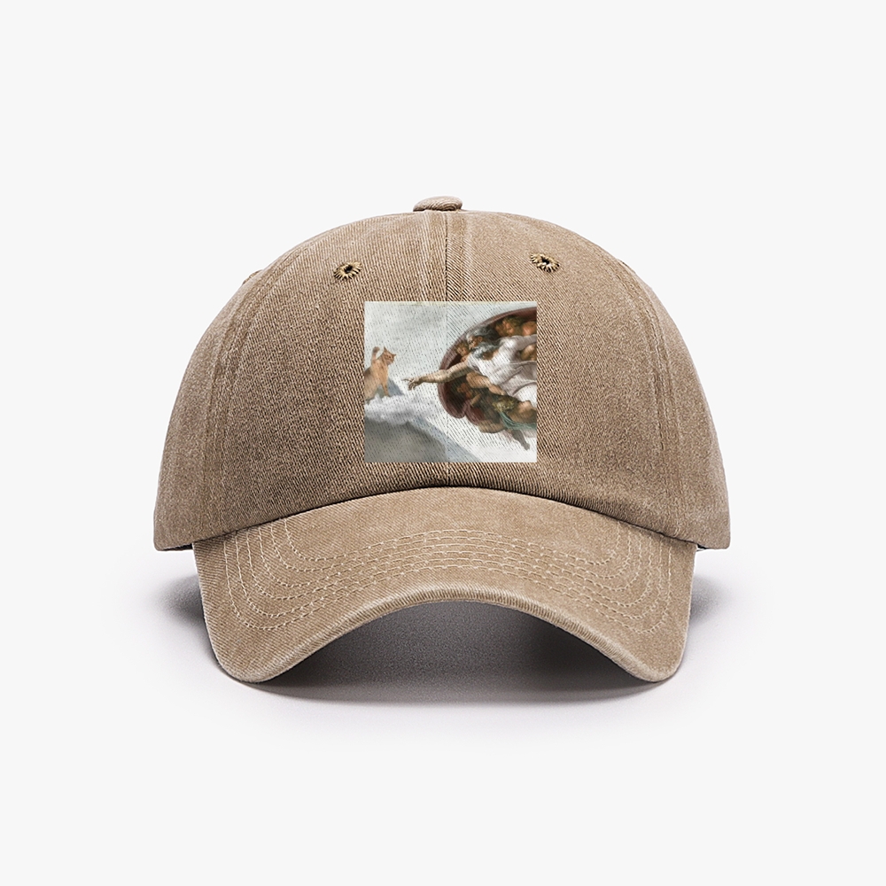 Cat Parody of "The Creation of Adam" Art Retro Washed Baseball Cap