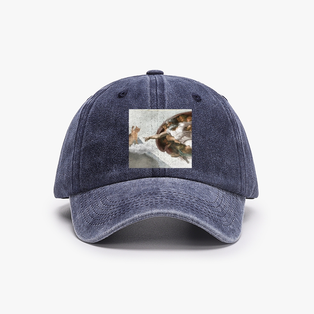 Cat Parody of "The Creation of Adam" Art Retro Washed Baseball Cap