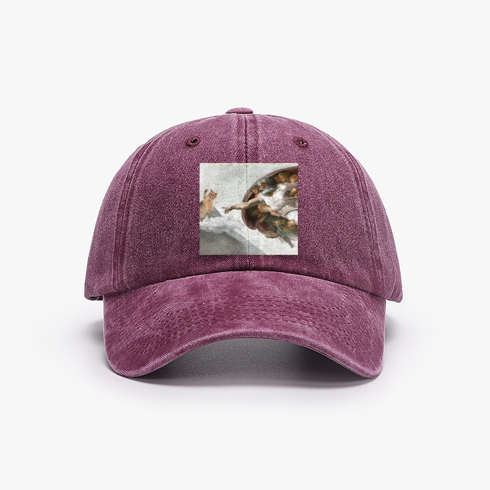 Cat Parody of "The Creation of Adam" Art Retro Washed Baseball Cap