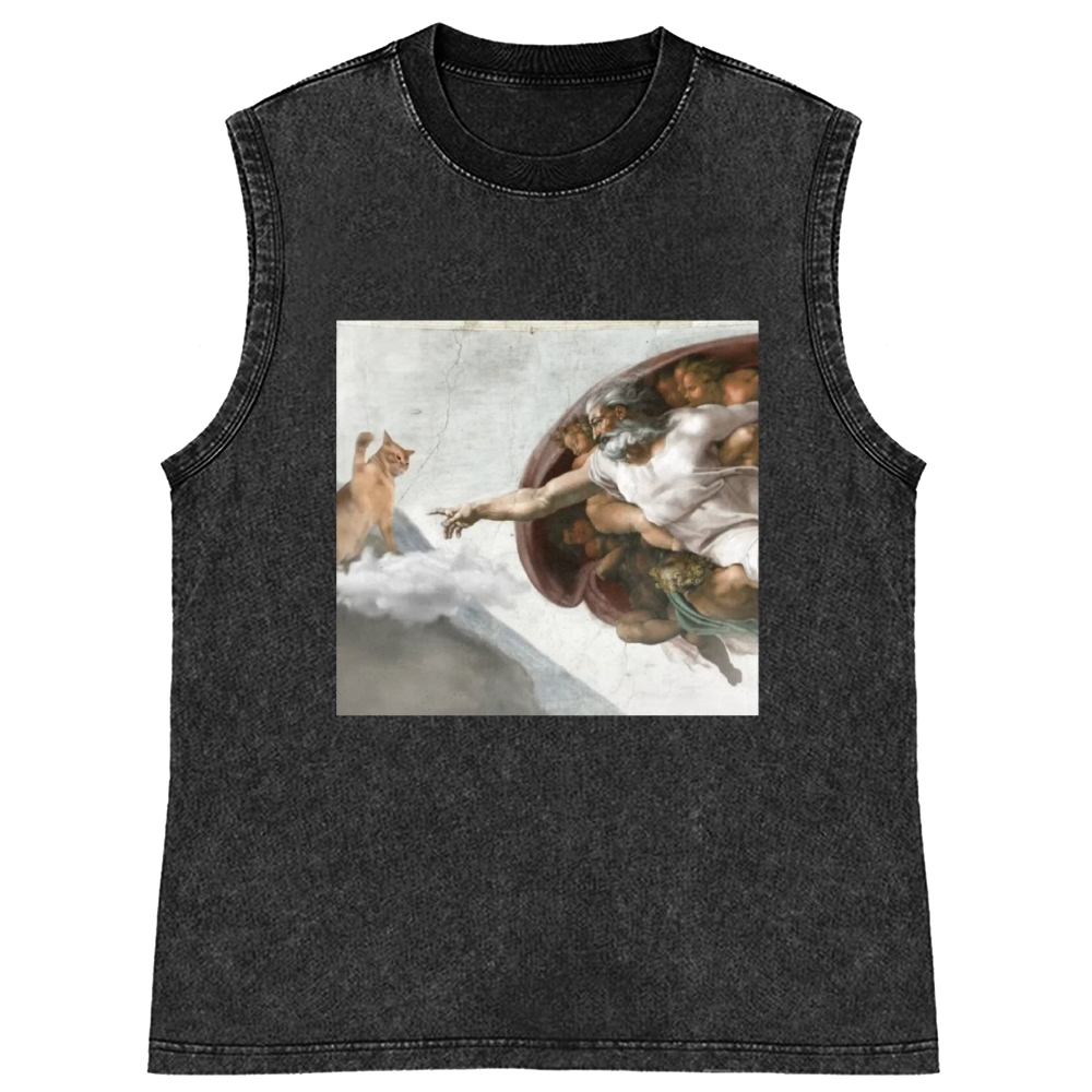 Cat Parody of "The Creation of Adam" Art Retro Washed Tank Top