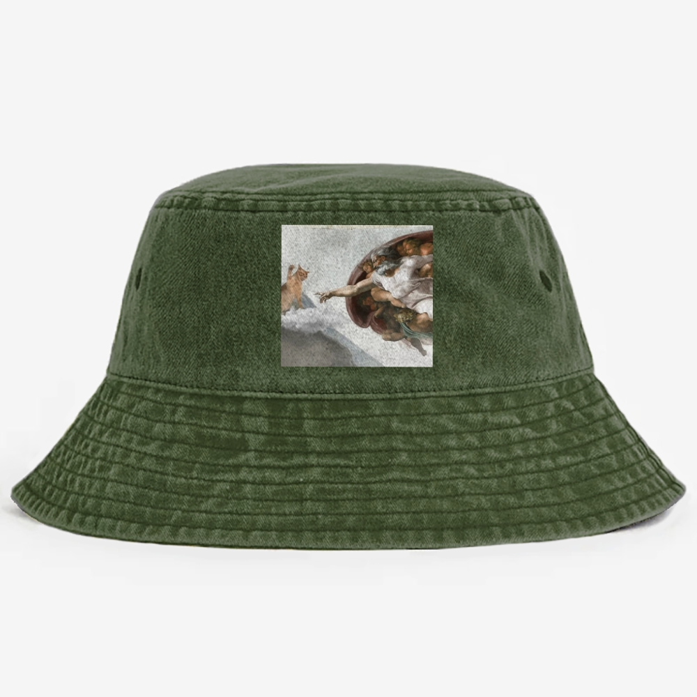 Cat Parody of "The Creation of Adam" Art Retro Vintage Washed Bucket Hat