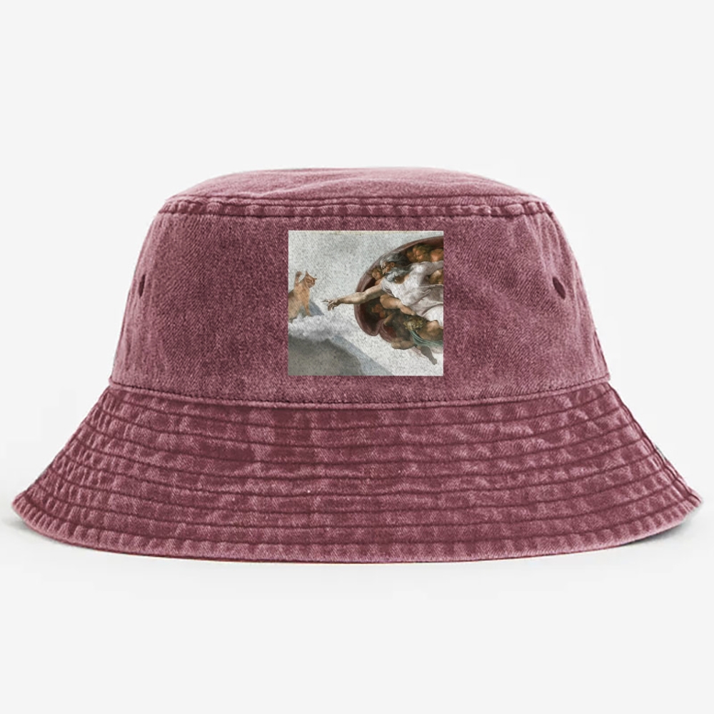 Cat Parody of "The Creation of Adam" Art Retro Vintage Washed Bucket Hat