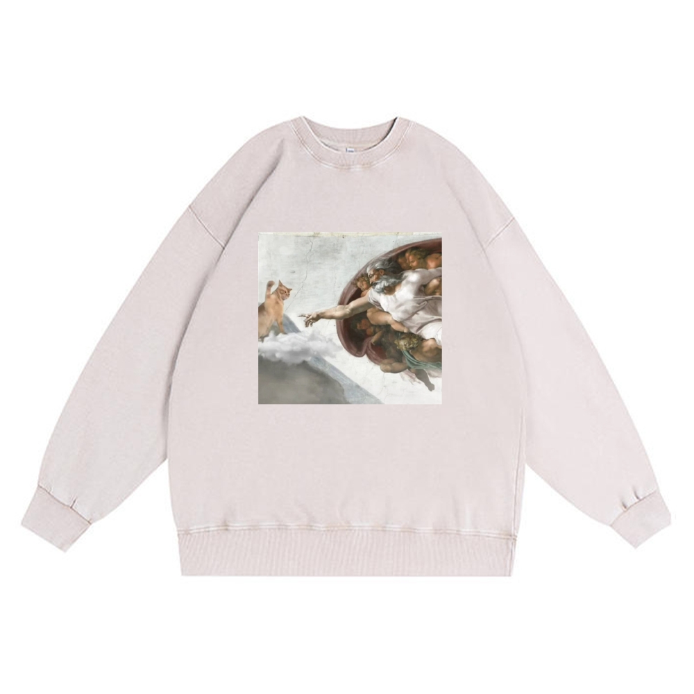 Cat Parody of "The Creation of Adam" Art Retro Premium Washed Cotton Crewneck Sweatshirt