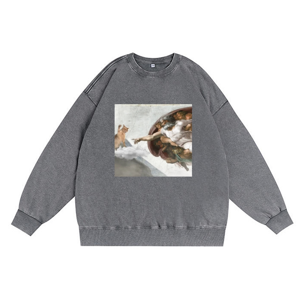 Cat Parody of "The Creation of Adam" Art Retro Premium Washed Cotton Crewneck Sweatshirt