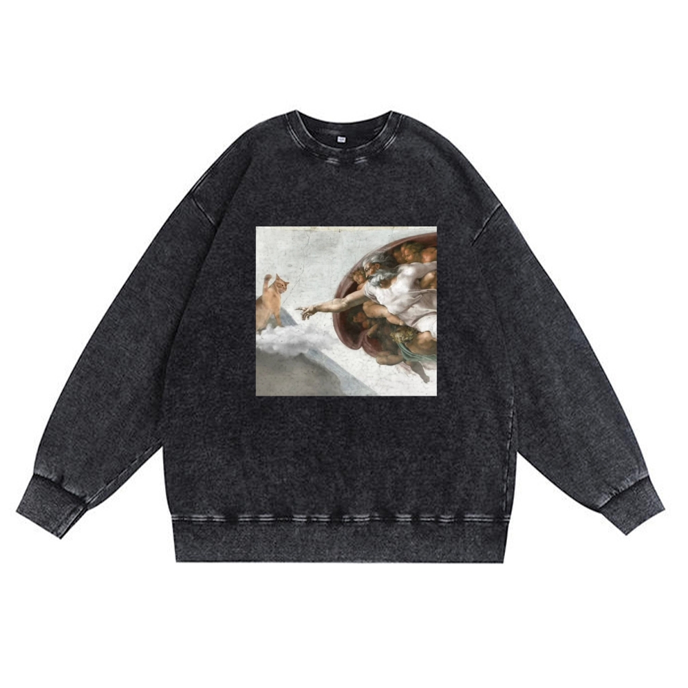 Cat Parody of "The Creation of Adam" Art Retro Premium Washed Cotton Crewneck Sweatshirt