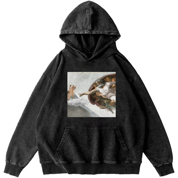 Cat Parody of "The Creation of Adam" Art Retro Washed Hoodie