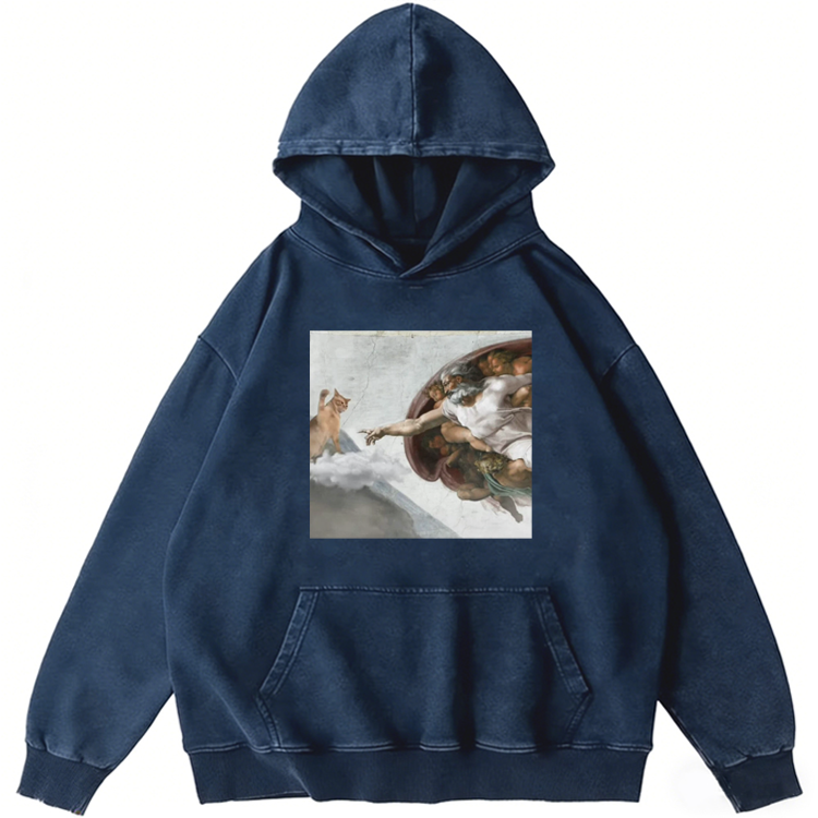 Cat Parody of "The Creation of Adam" Art Retro Washed Hoodie