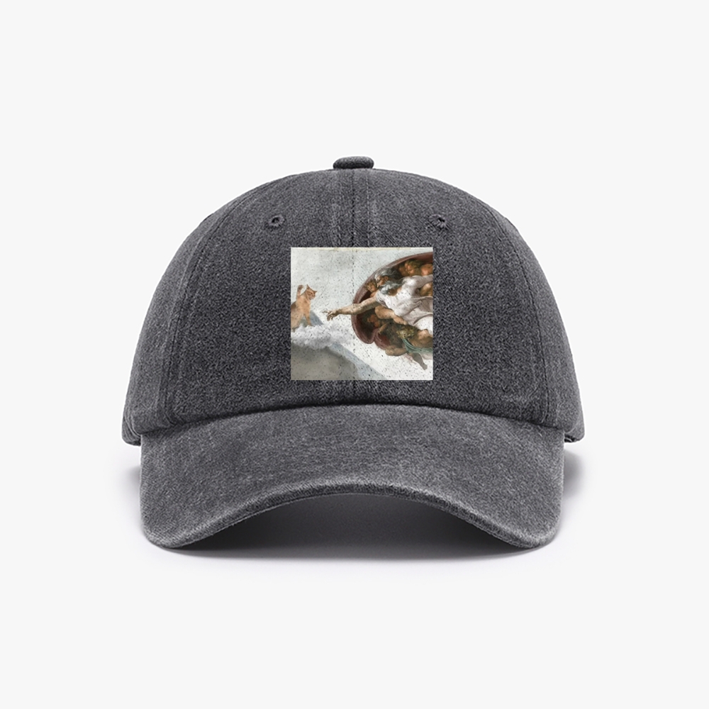Cat Parody of "The Creation of Adam" Art Retro Washed Baseball Cap