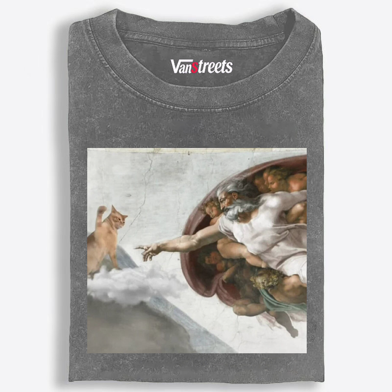 Cat Parody of "The Creation of Adam" Art Retro Washed T-Shirt | 100% Cotton | Streetwear Essential