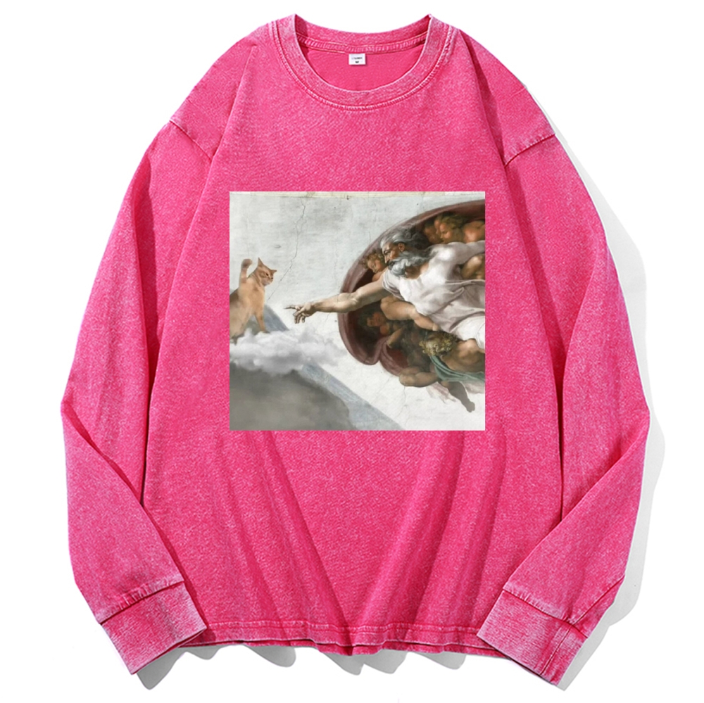 Cat Parody of "The Creation of Adam" Art Retro Washed Long Sleeve T-Shirt