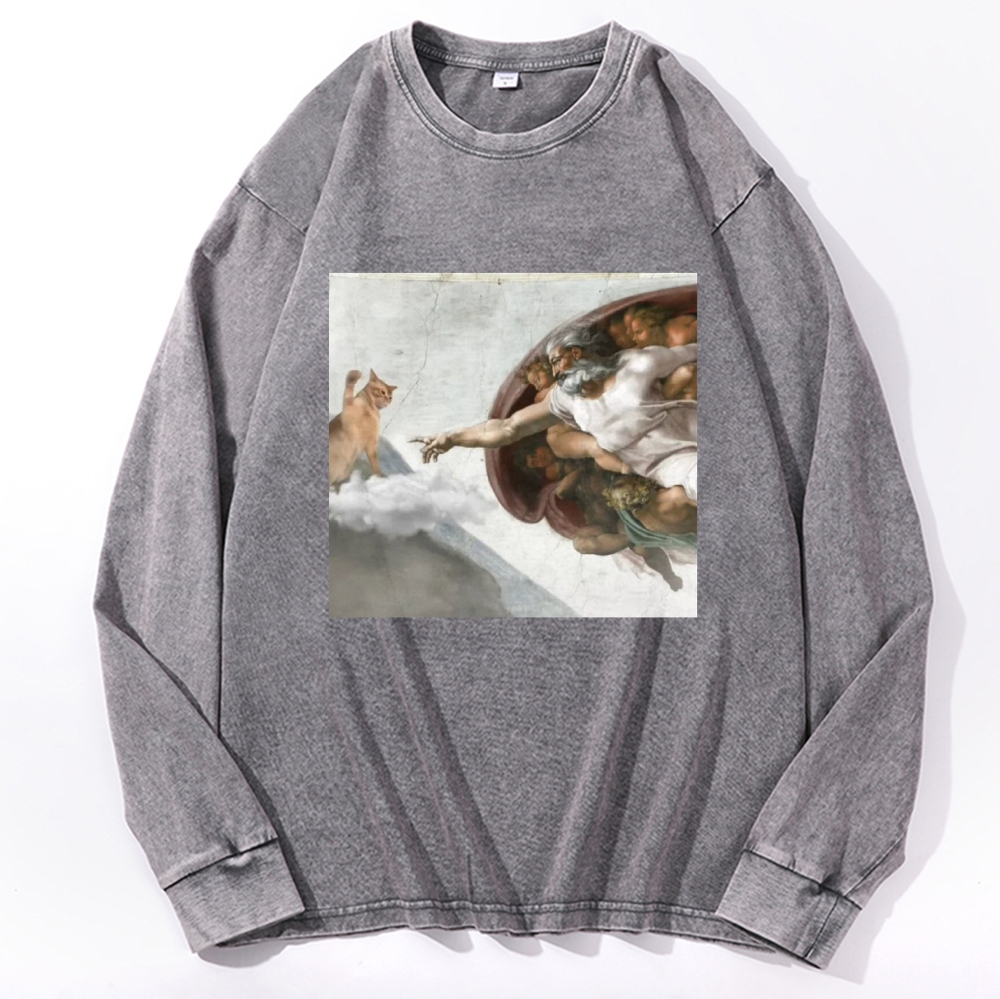 Cat Parody of "The Creation of Adam" Art Retro Washed Long Sleeve T-Shirt