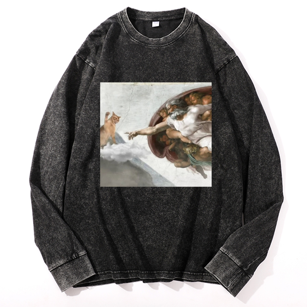 Cat Parody of "The Creation of Adam" Art Retro Washed Long Sleeve T-Shirt